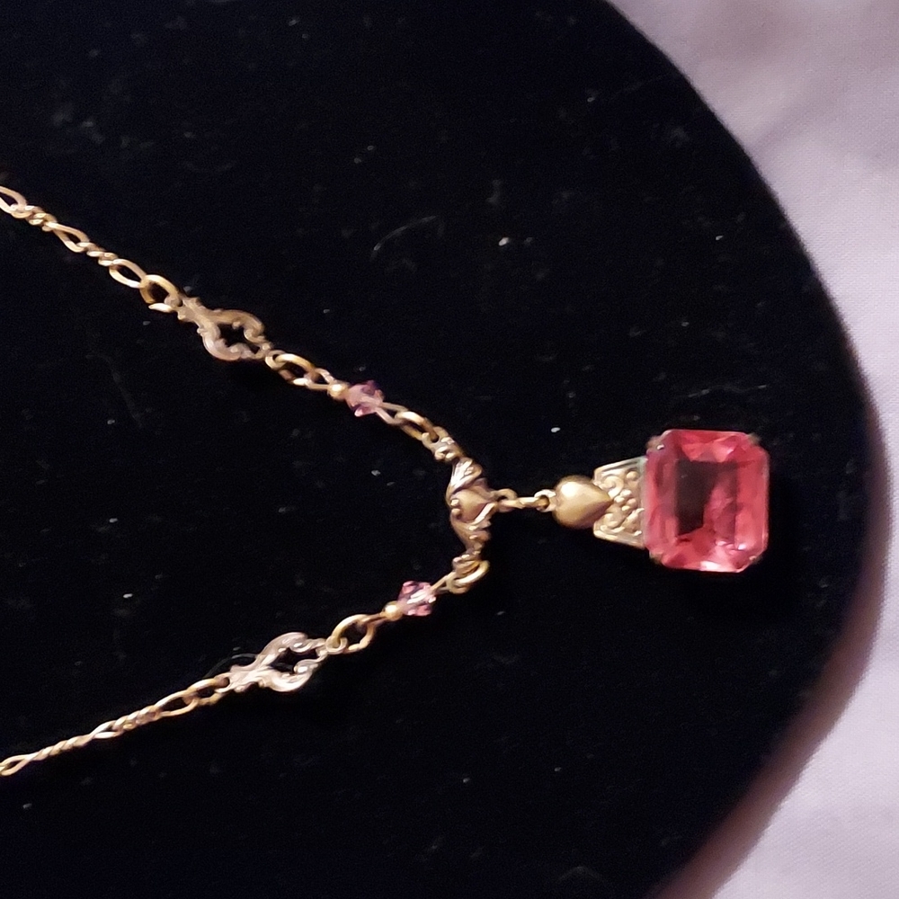VINTAGE Sadie Green victorian style  necklace brass and rose pendant